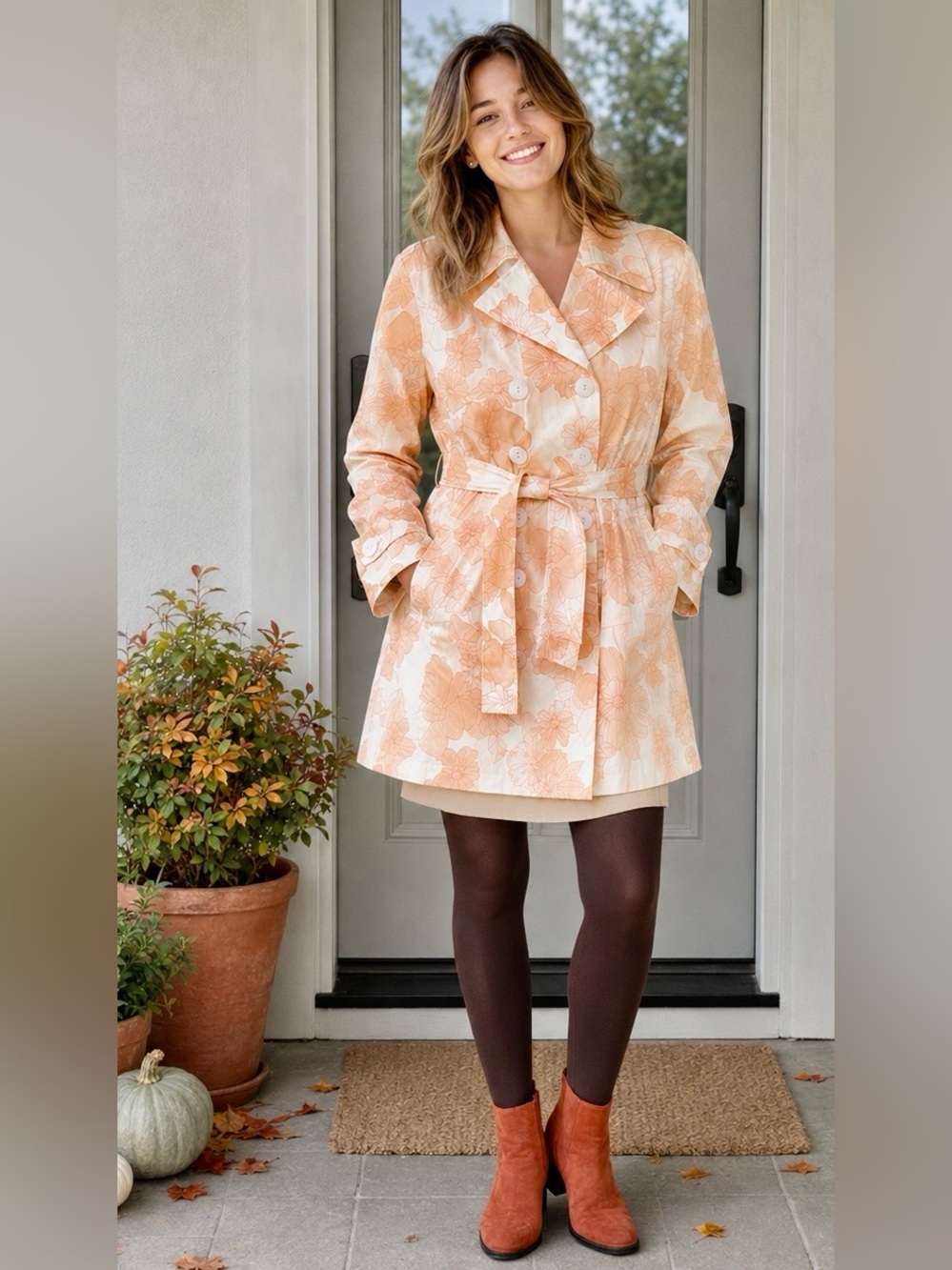 NWT Vintage Y2K Bill Blass Floral Belted Trench Raincoat L